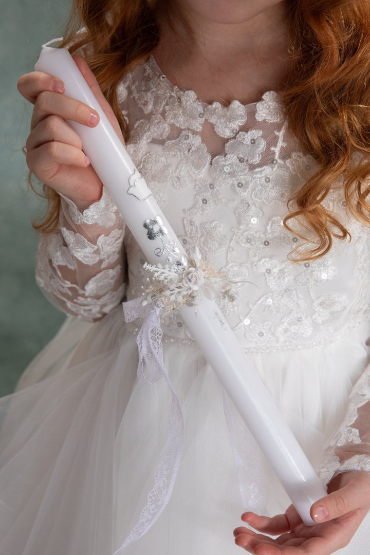 Handmade Floral Candle Decoration: First Holy Communion Candle Wreath – handmade floral hair accessory by magaela