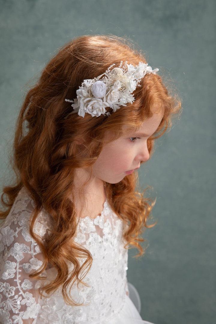 White Floral Headband: First Communion Flower Headpiece – handmade floral hair accessory by magaela