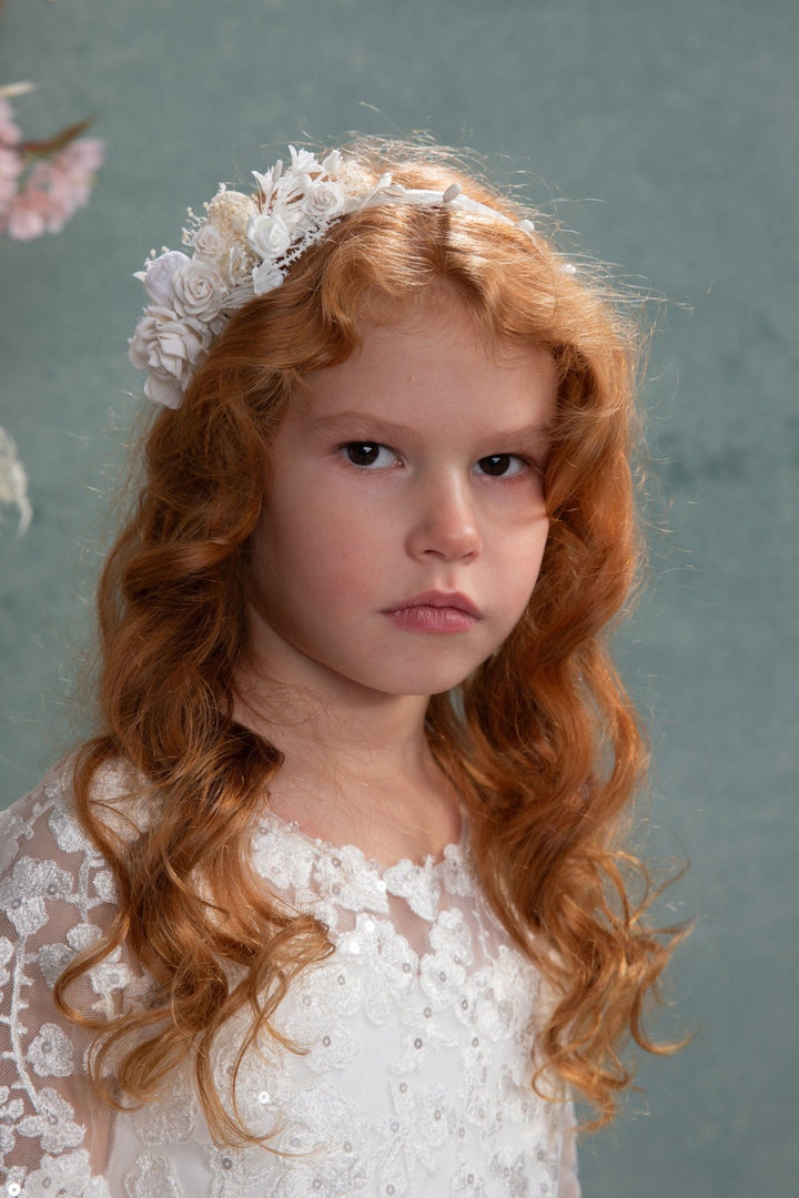 White Floral Headband: First Communion Flower Headpiece – handmade floral hair accessory by magaela