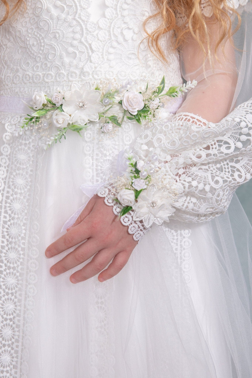 Floral First Communion Belt: White Flower Girl Dress Sash – handmade floral hair accessory by magaela