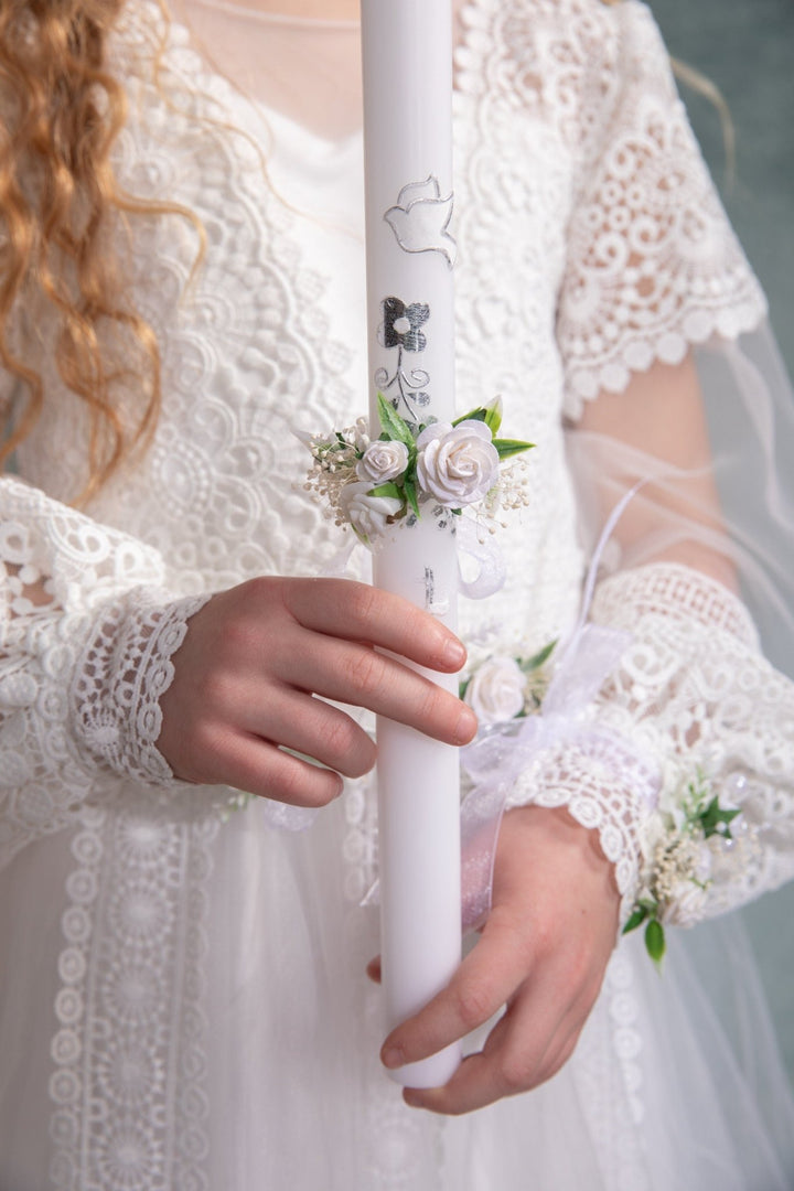 White Rose Candle Wreath: First Holy Communion Decoration – handmade floral hair accessory by magaela