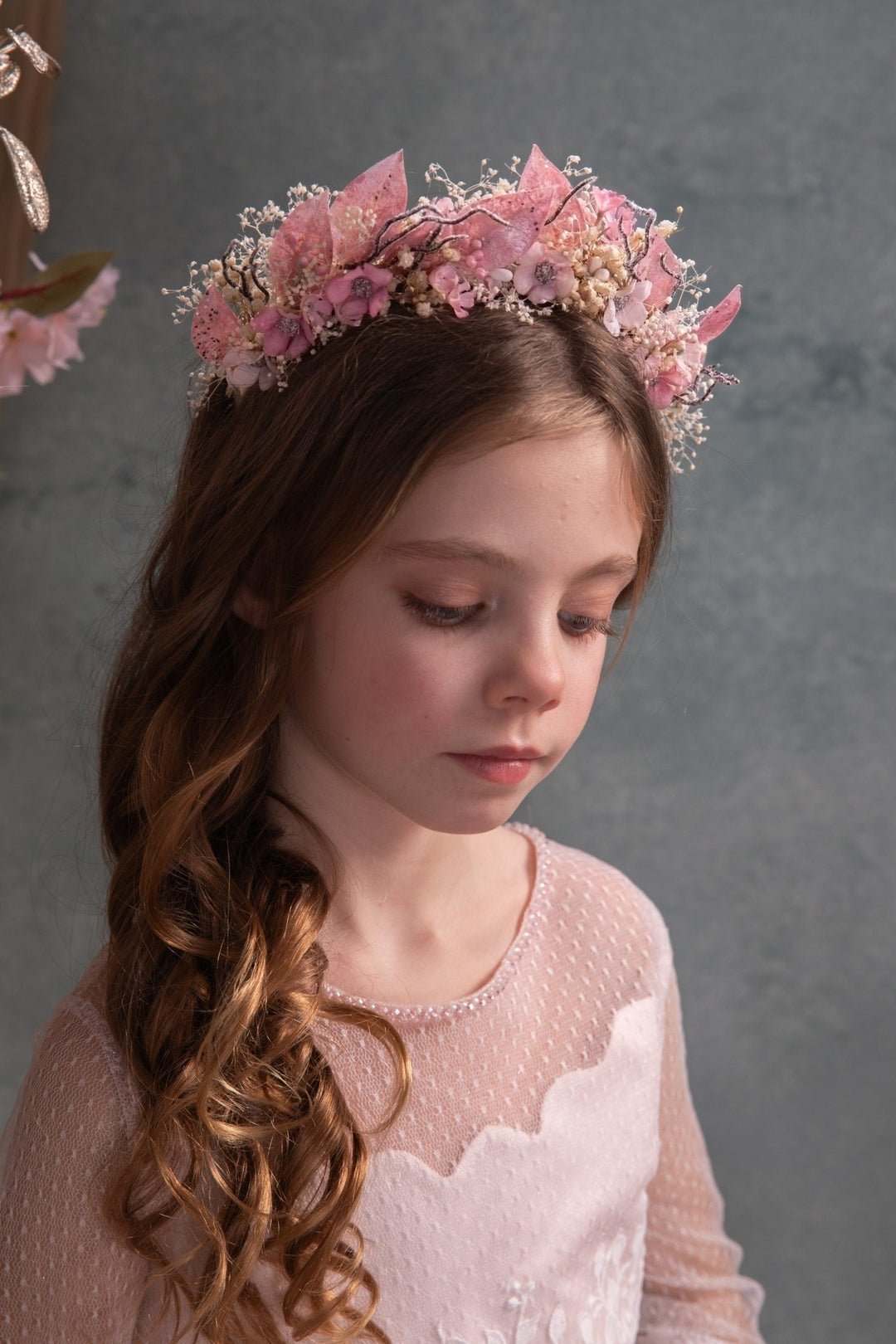 Pink Floral Crown: Communion Headband, Bridal Tiara – handmade floral hair accessory by magaela