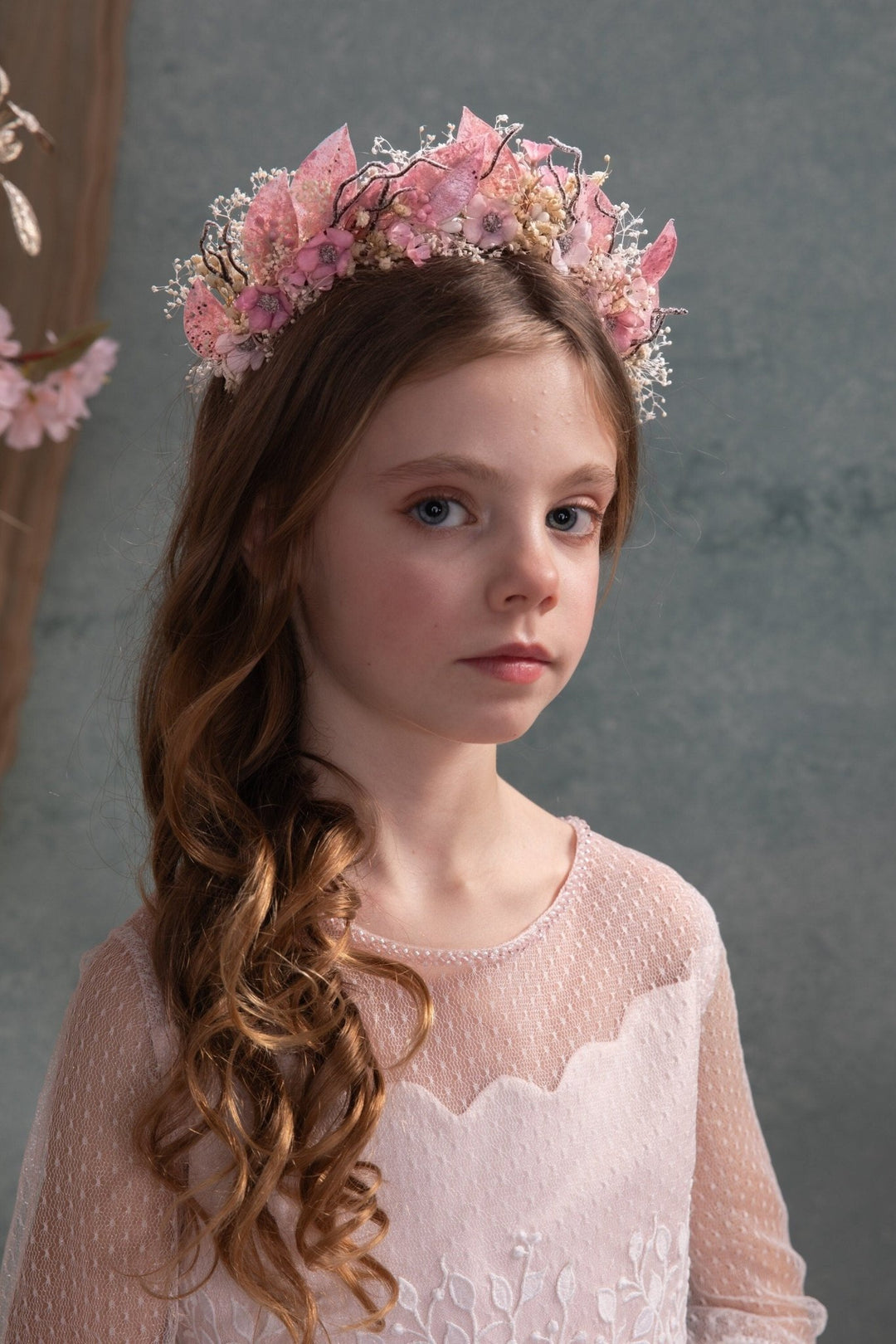 Pink Floral Crown: Communion Headband, Bridal Tiara – handmade floral hair accessory by magaela