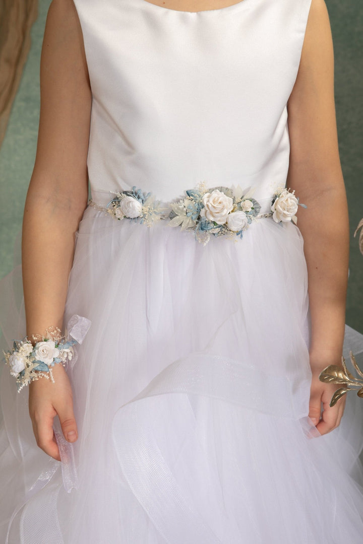 Boho Flower Belt: White Rose First Communion Dress Belt – handmade floral hair accessory by magaela