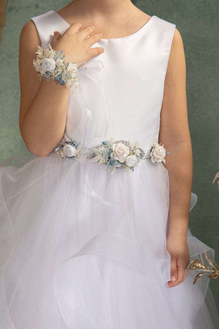 Boho Flower Belt: White Rose First Communion Dress Belt – handmade floral hair accessory by magaela
