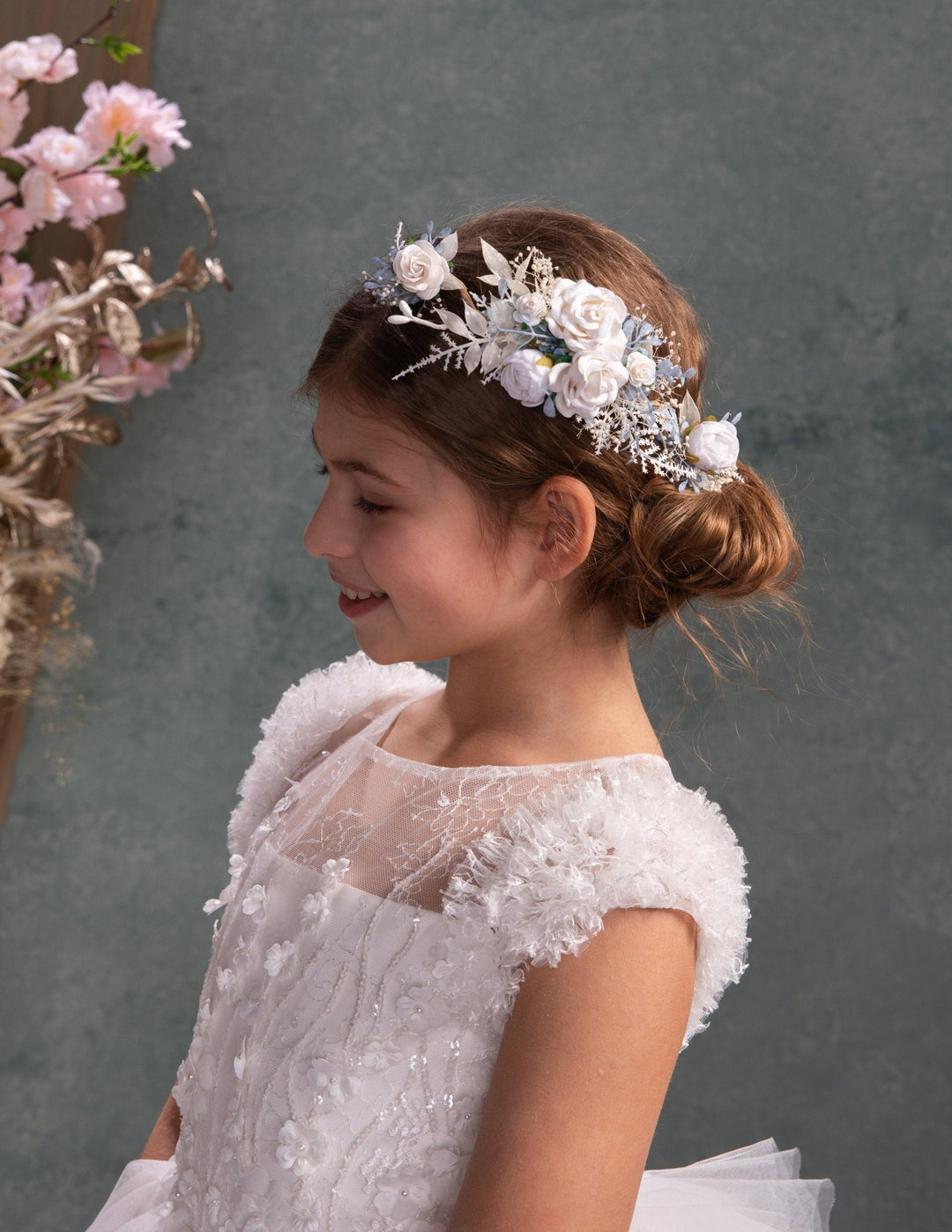 White Rose Flower Hair Vine: First Communion Headpiece – handmade floral hair accessory by magaela