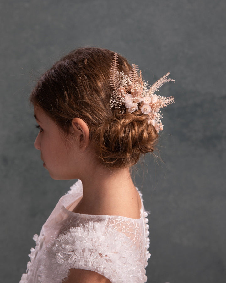 Pink Preserved Flower Hair Pin: First Communion Headpiece – handmade floral hair accessory by magaela