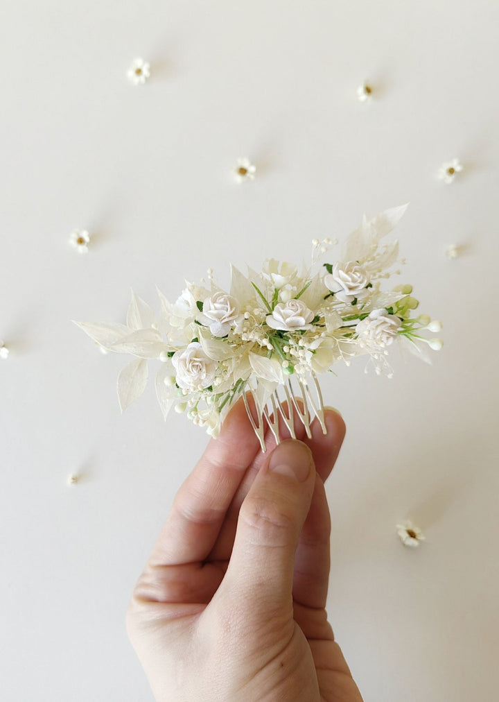 White Rose Flower Hair Comb: First Communion Headpiece – handmade floral hair accessory by magaela
