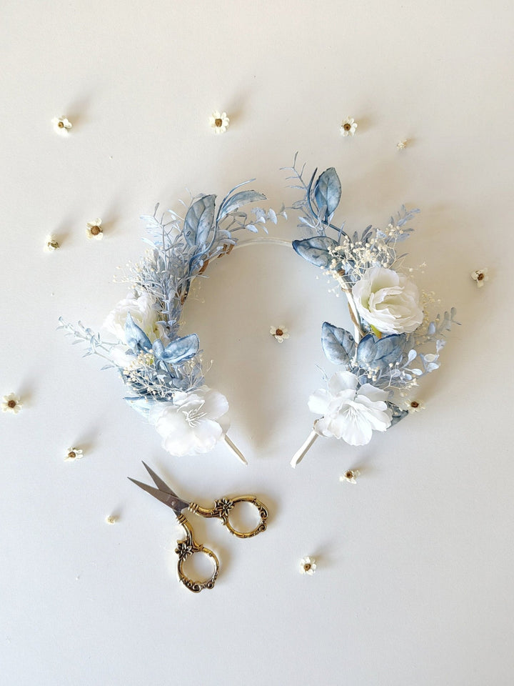 White & Blue Flower Crown: First Communion Bridal Headpiece – handmade floral hair accessory by magaela