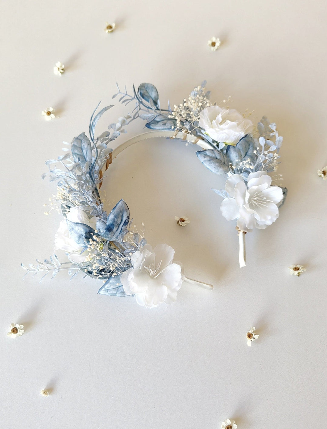 White & Blue Flower Crown: First Communion Bridal Headpiece – handmade floral hair accessory by magaela
