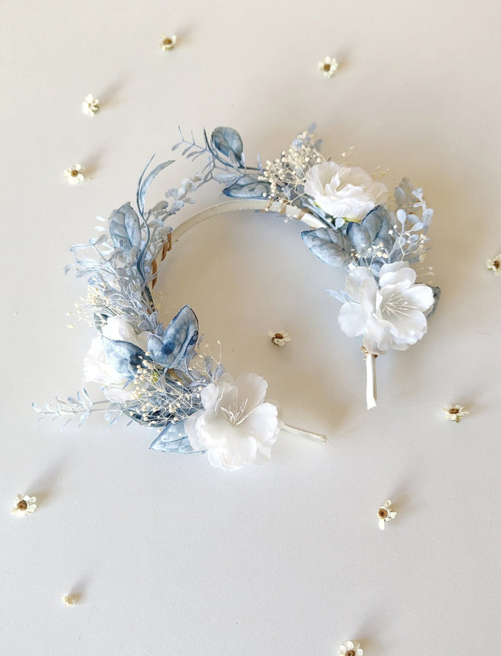 White & Blue Flower Crown: First Communion Bridal Headpiece – handmade floral hair accessory by magaela