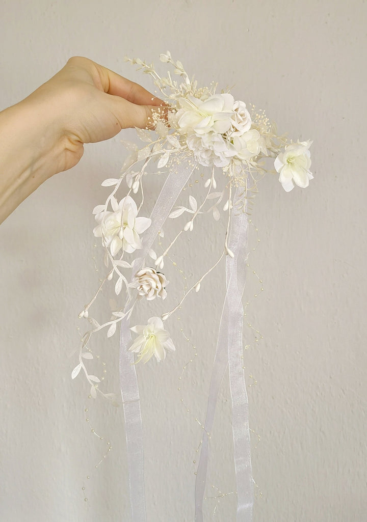 Flower Hair Clip with Veil: First Communion Headpiece – handmade floral hair accessory by magaela