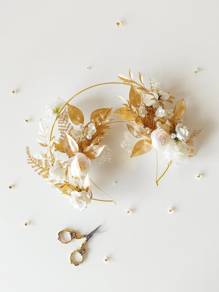 Golden Halo Crown: White Flower Headband, Holy Communion, Bridal – handmade floral hair accessory by magaela