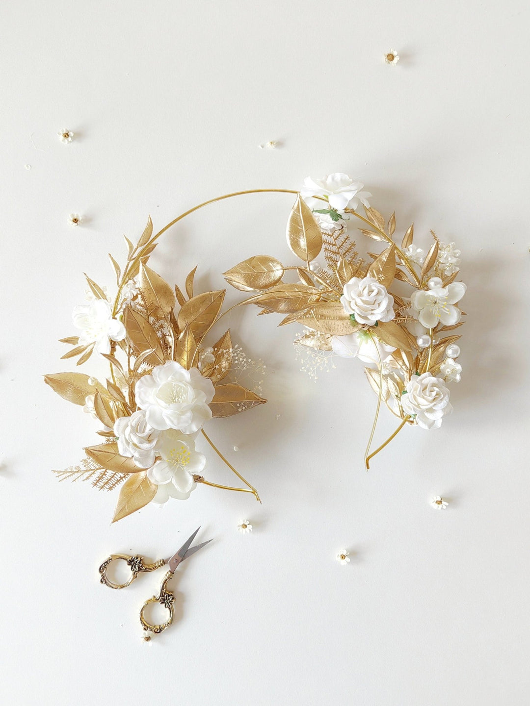 Golden Halo Crown: White Flower Headband, Holy Communion, Bridal – handmade floral hair accessory by magaela
