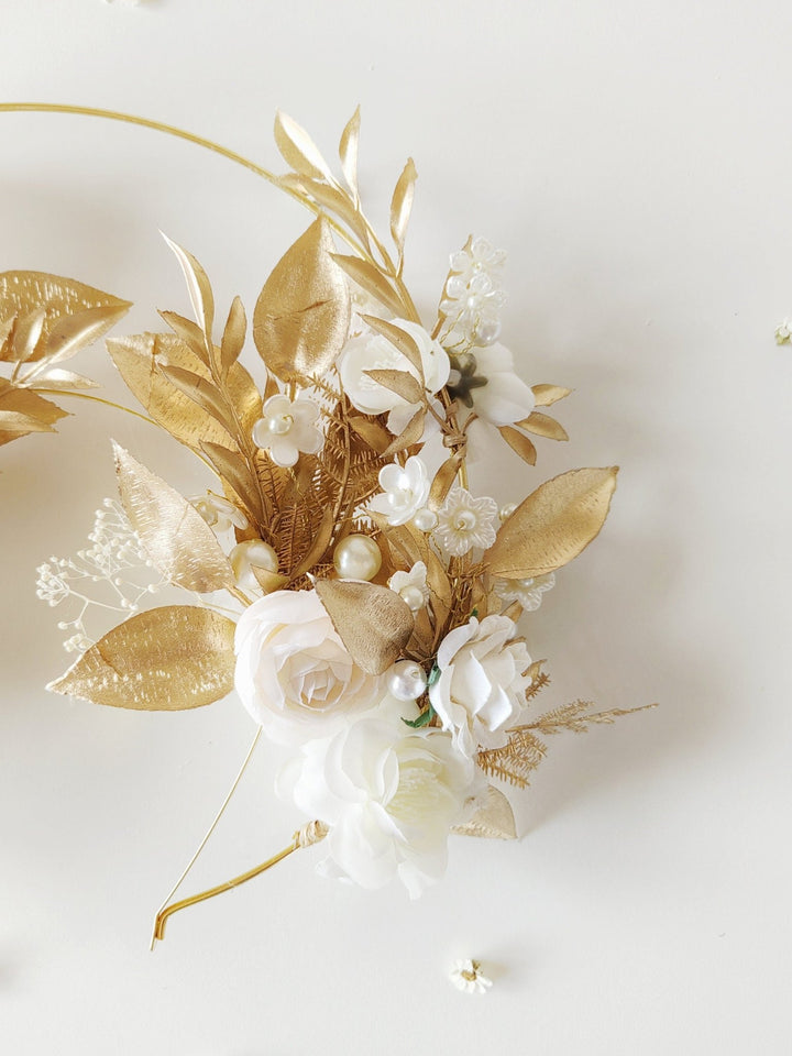 Golden Halo Crown: White Flower Headband, Holy Communion, Bridal – handmade floral hair accessory by magaela