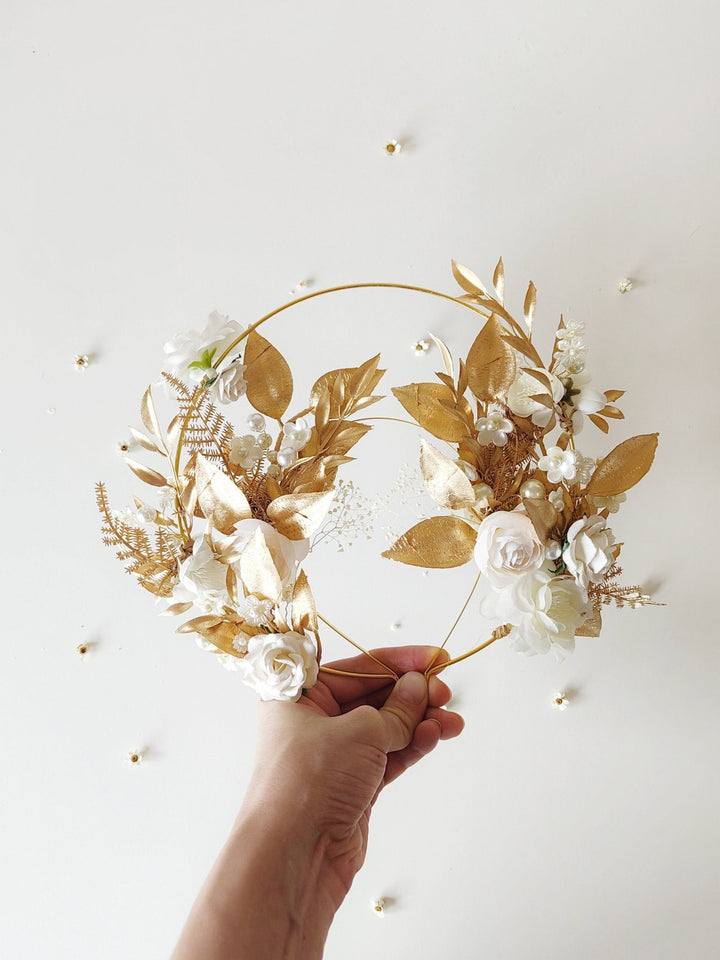 Golden Halo Crown: White Flower Headband, Holy Communion, Bridal – handmade floral hair accessory by magaela