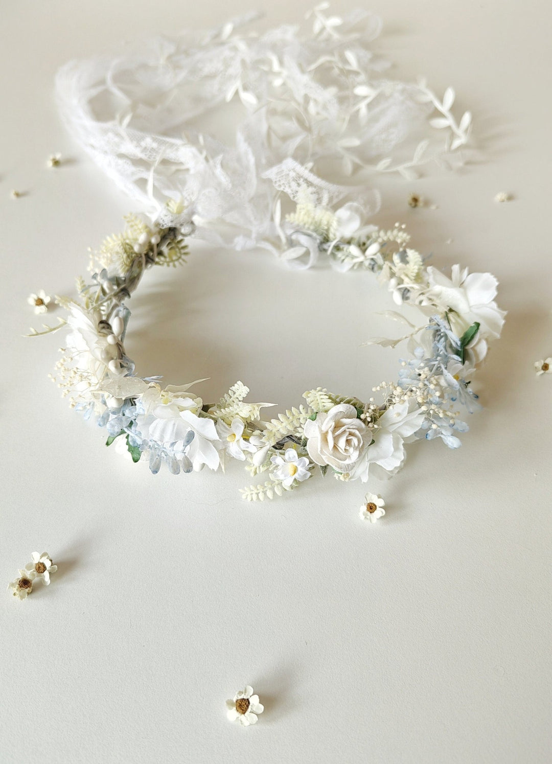White Flower Hair Wreath with Veil: First Communion Headpiece – handmade floral hair accessory by magaela