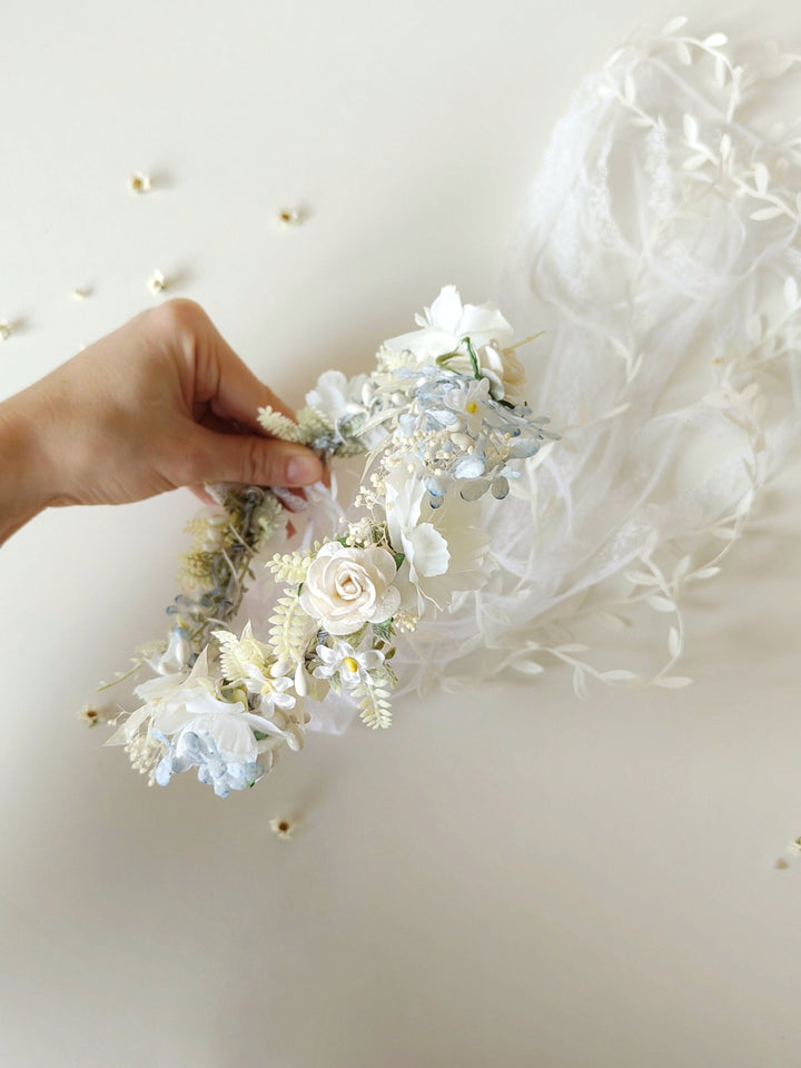 White Flower Hair Wreath with Veil: First Communion Headpiece – handmade floral hair accessory by magaela
