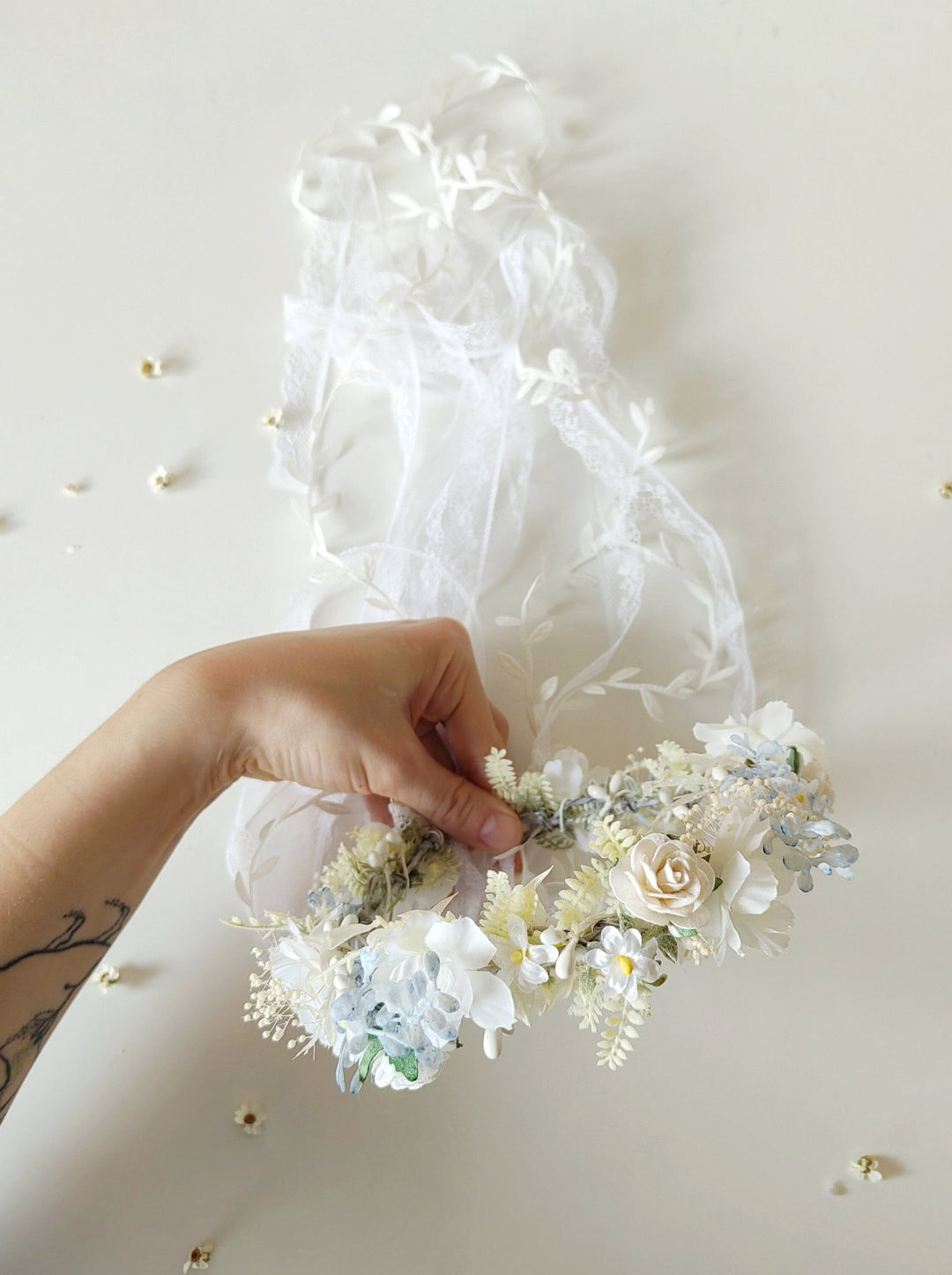 White Flower Hair Wreath with Veil: First Communion Headpiece – handmade floral hair accessory by magaela