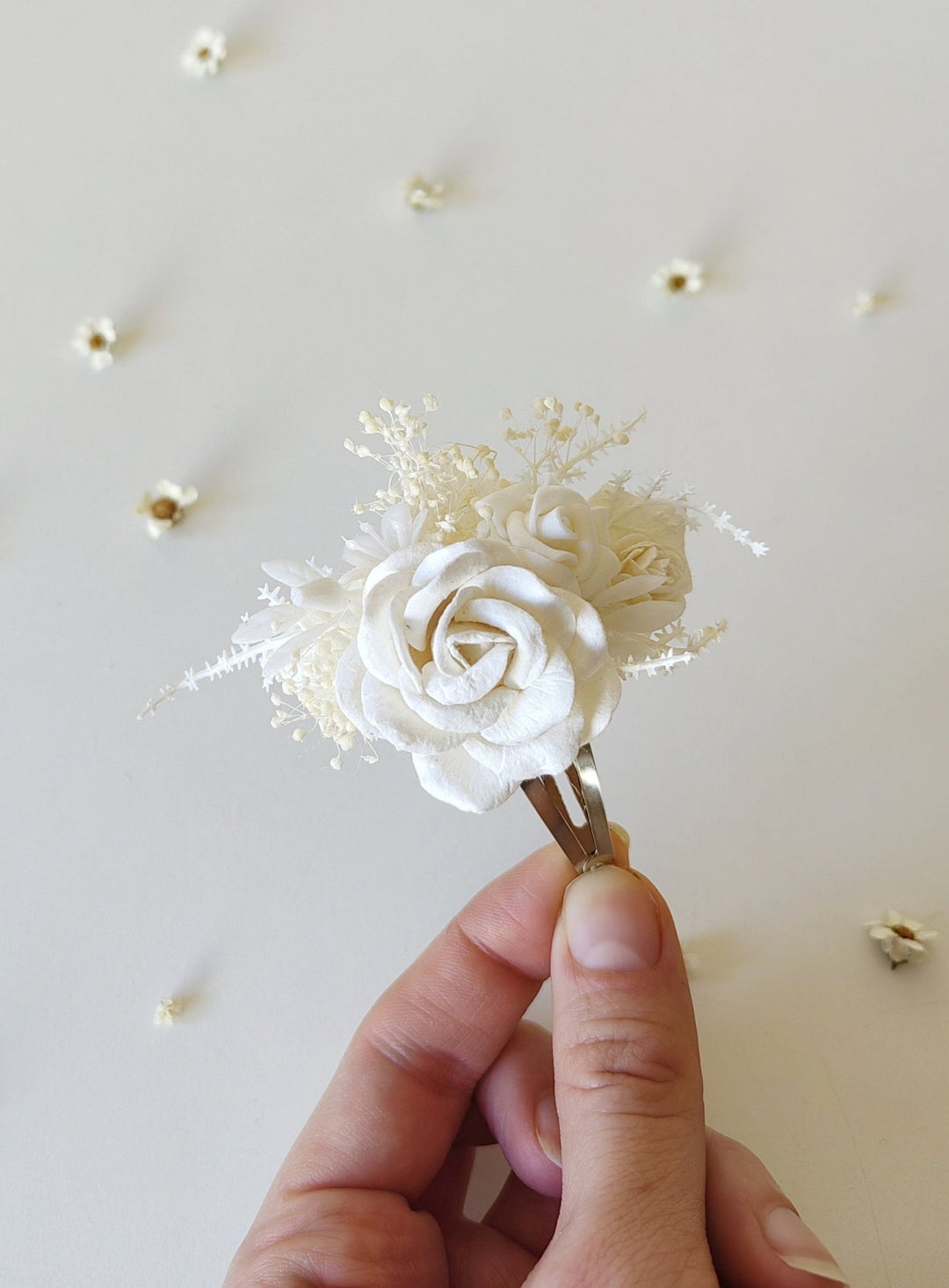 White Rose Hair Clip: First Communion Floral Headpiece – handmade floral hair accessory by magaela