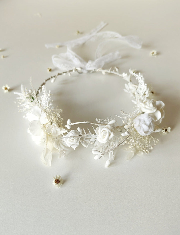 White Flower Crown: First Communion Wreath, Bridal Headpiece – handmade floral hair accessory by magaela