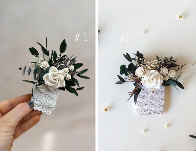 Eucalyptus & White Rose Boutonniere: Romantic Pocket Square Lapel – handmade floral hair accessory by magaela