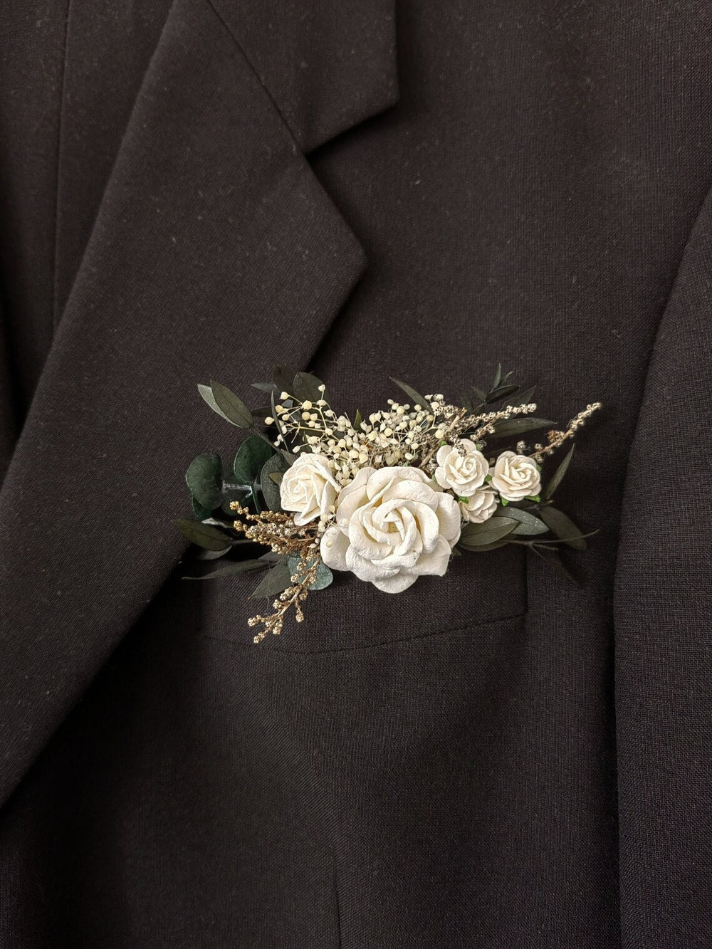 Eucalyptus & White Rose Boutonniere: Romantic Pocket Square Lapel – handmade floral hair accessory by magaela