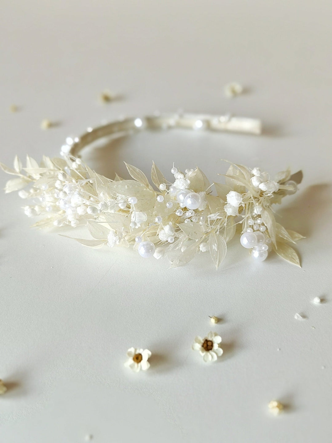 White Flower Crown: First Communion Headband with Pearls – handmade floral hair accessory by magaela