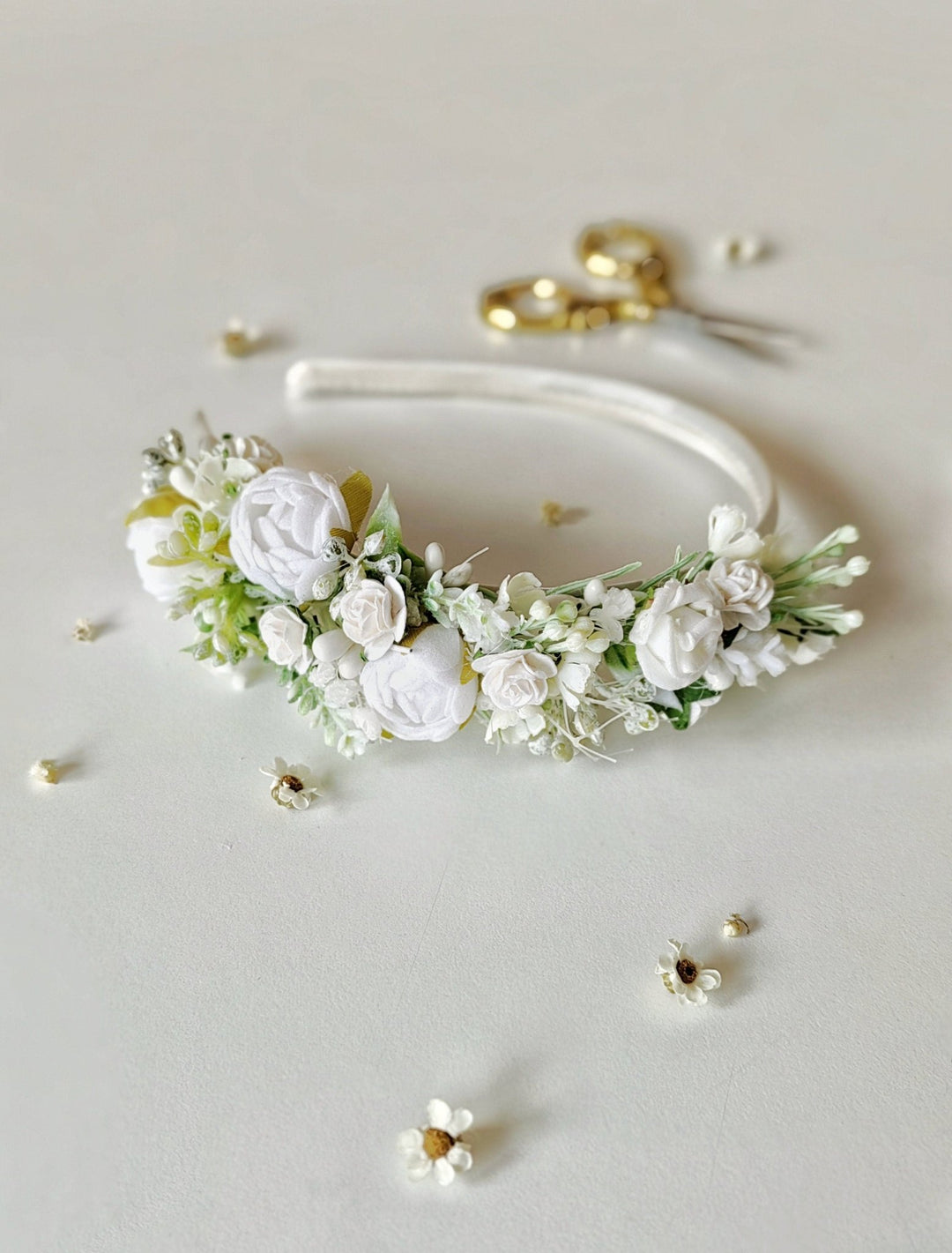 White Peonies Flower Headband: First Communion Crown – handmade floral hair accessory by magaela