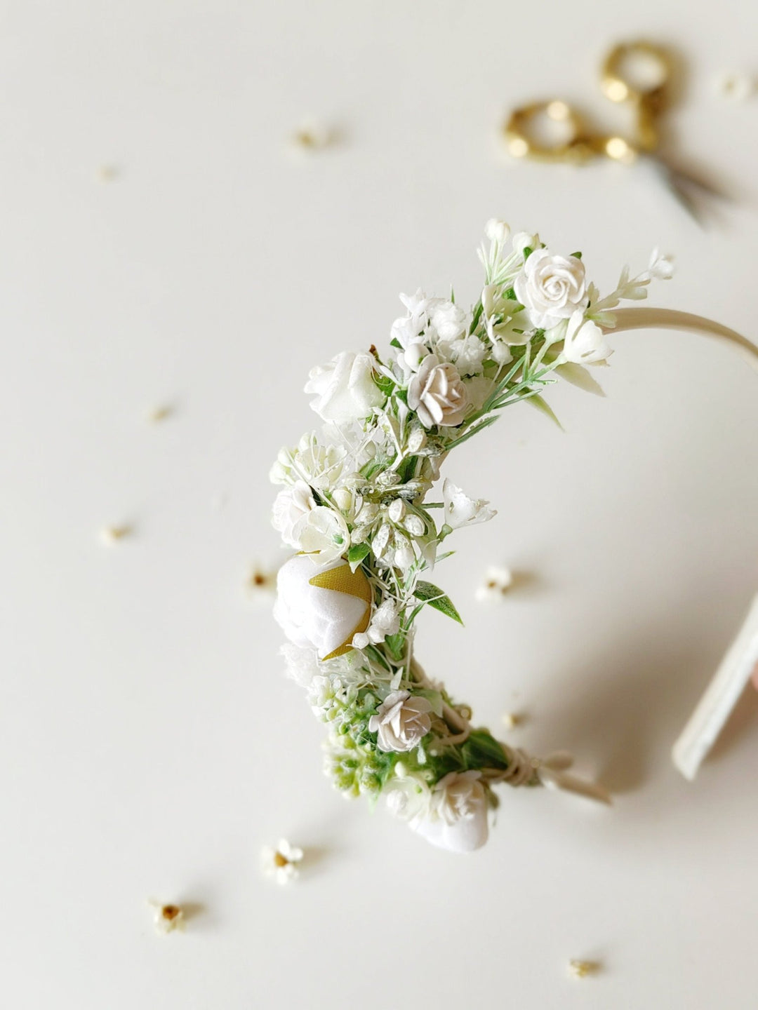 White Peonies Flower Headband: First Communion Crown – handmade floral hair accessory by magaela