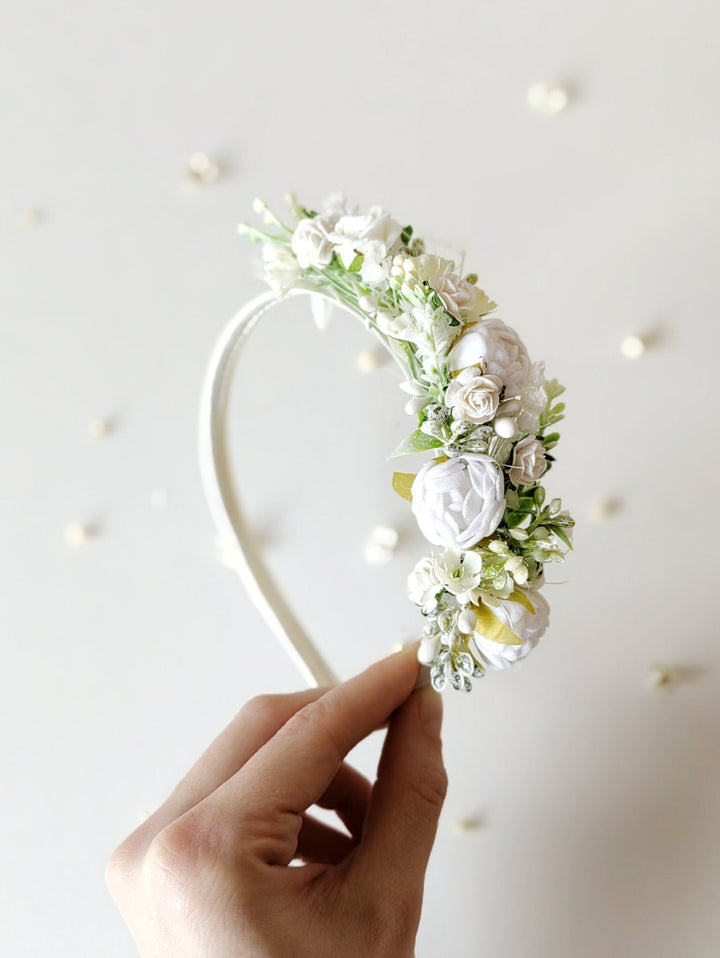 White Peonies Flower Headband: First Communion Crown – handmade floral hair accessory by magaela