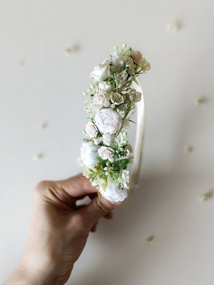 White Peonies Flower Headband: First Communion Crown – handmade floral hair accessory by magaela