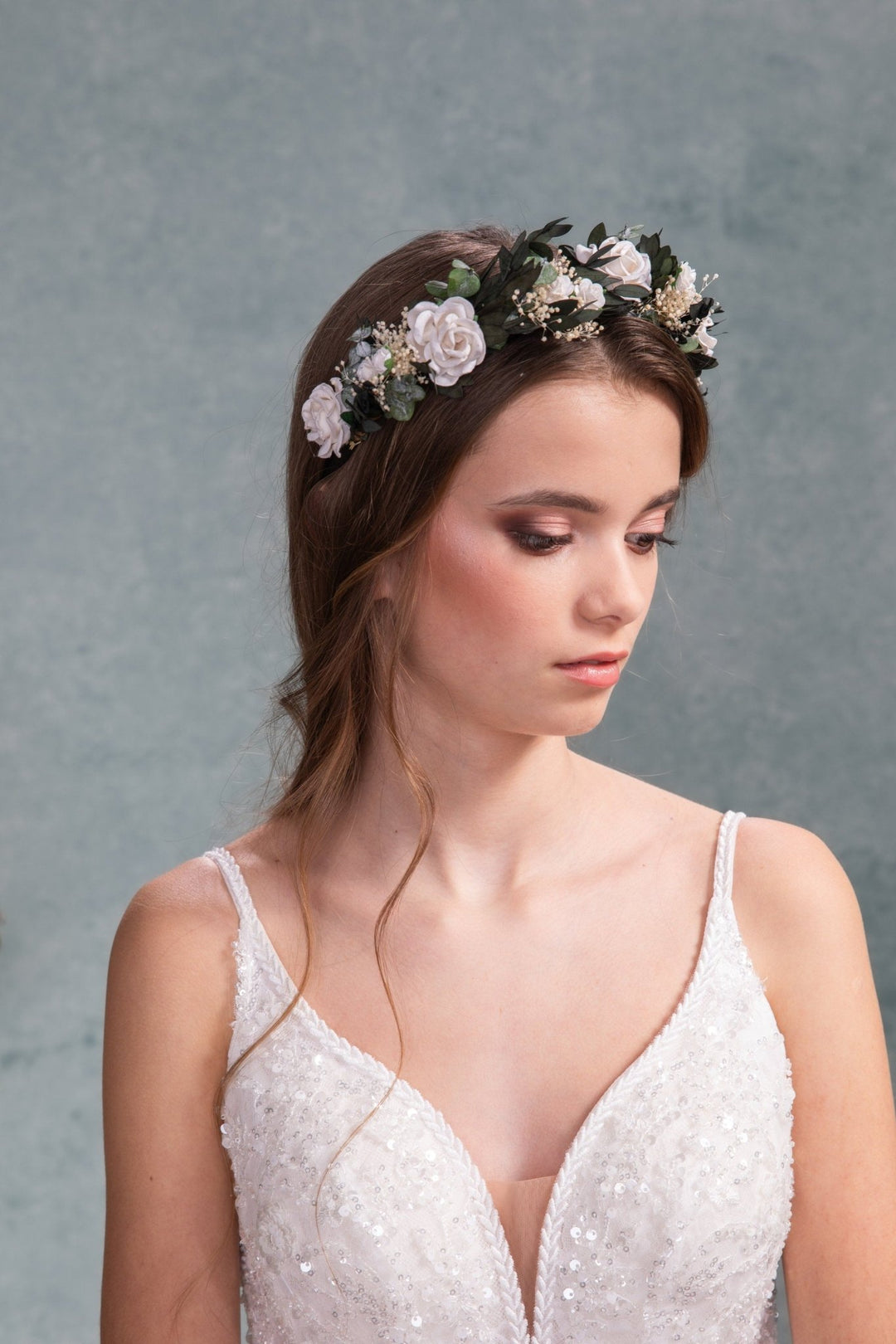 Eucalyptus & Ivory Rose Headband: Romantic Bridal Hair Crown – handmade floral hair accessory by magaela