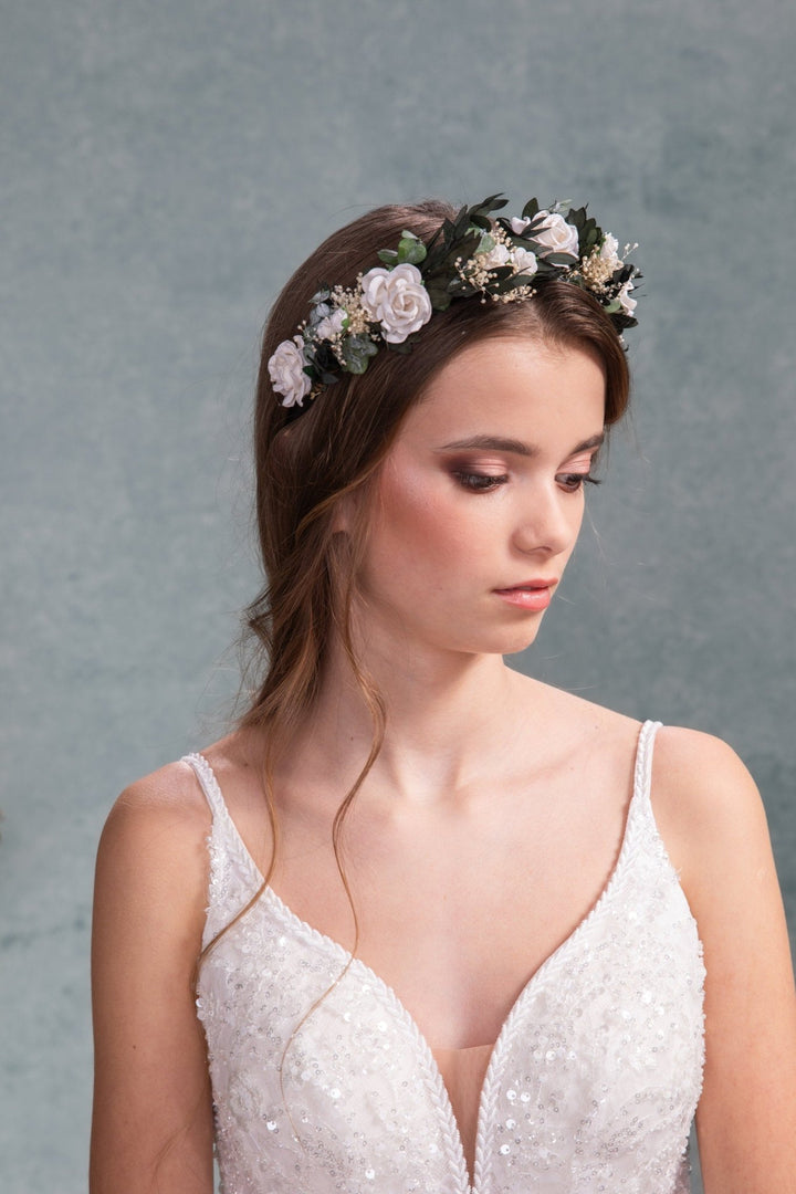 Eucalyptus & Ivory Rose Headband: Romantic Bridal Hair Crown – handmade floral hair accessory by magaela