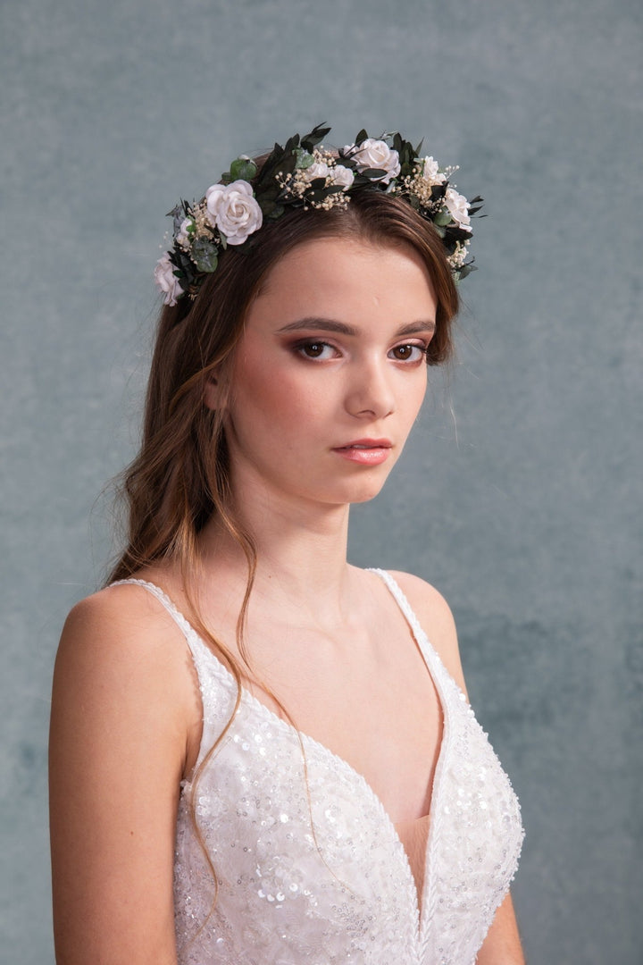 Eucalyptus & Ivory Rose Headband: Romantic Bridal Hair Crown – handmade floral hair accessory by magaela