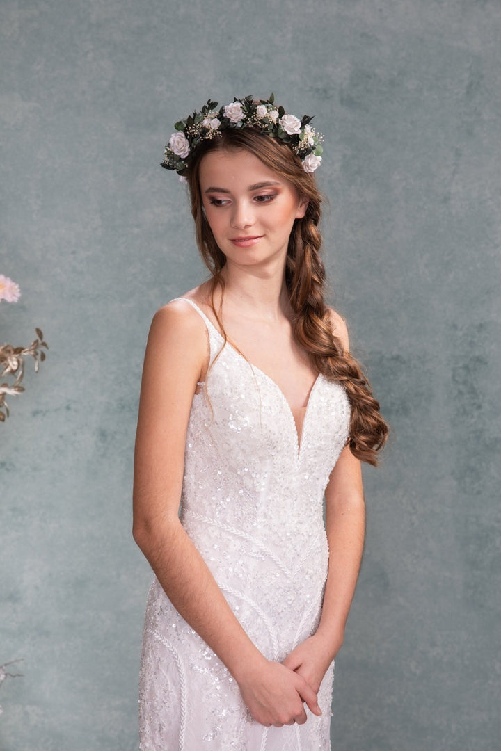 Eucalyptus & Ivory Rose Headband: Romantic Bridal Hair Crown – handmade floral hair accessory by magaela