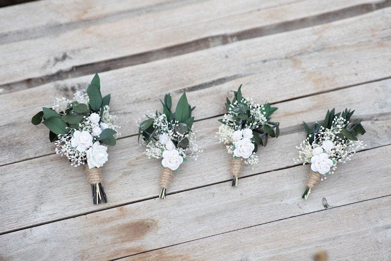 White Rose Eucalyptus Wedding Set: Bouquet, Crown, Boutonniere – handmade floral hair accessory by magaela