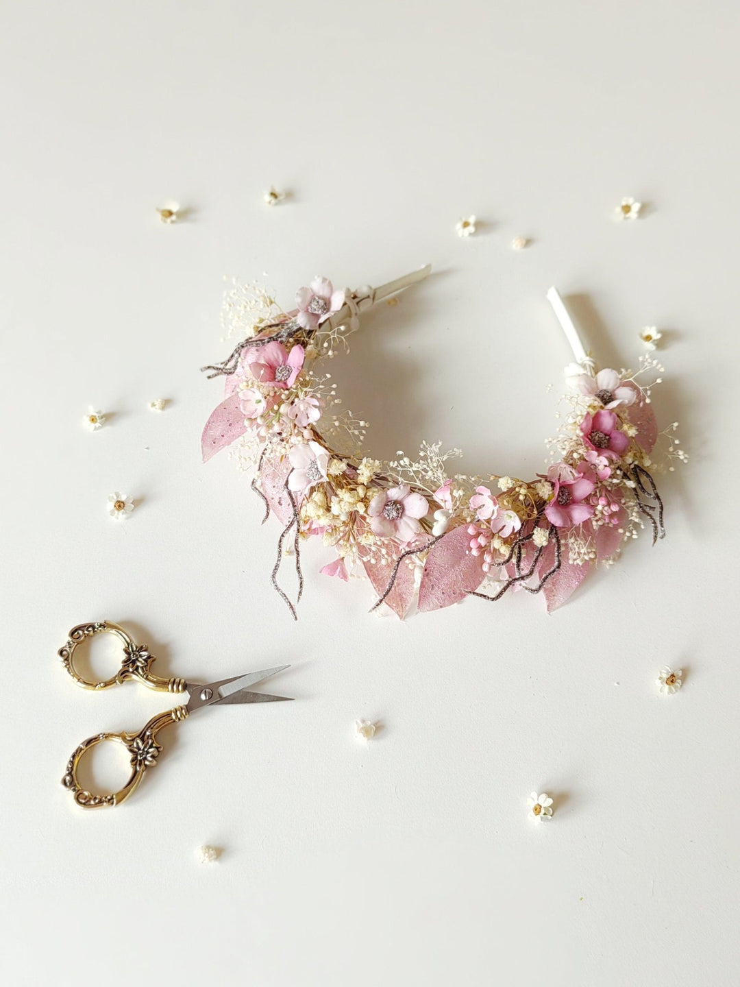 Pink Floral Crown: Communion Headband, Bridal Tiara – handmade floral hair accessory by magaela