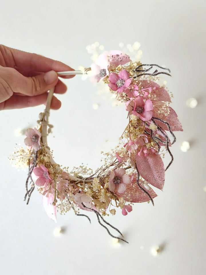 Pink Floral Crown: Communion Headband, Bridal Tiara – handmade floral hair accessory by magaela