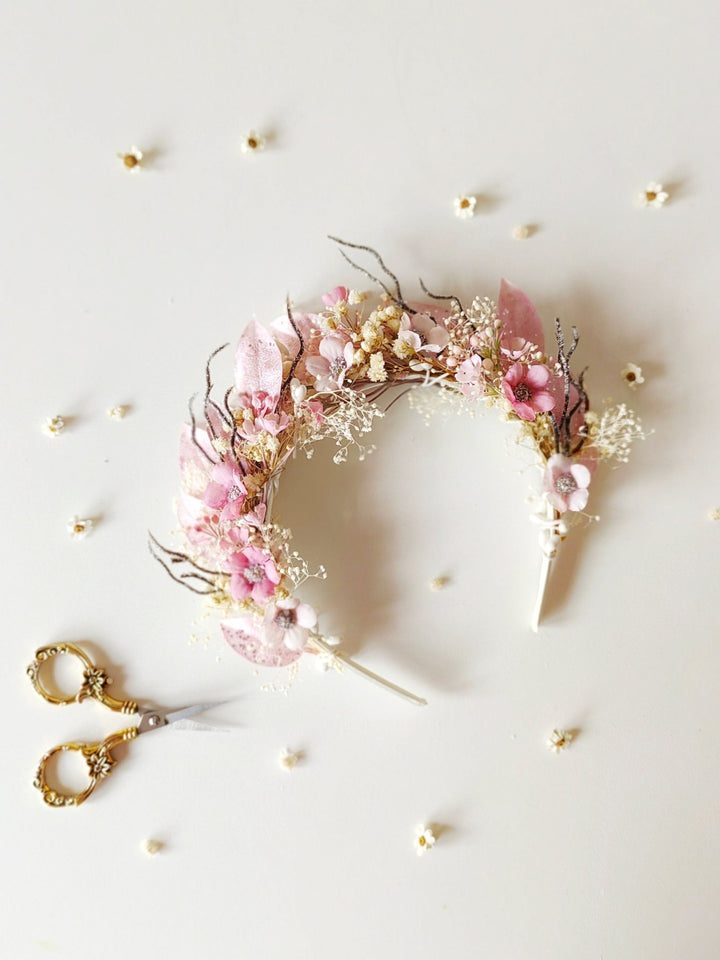 Pink Floral Crown: Communion Headband, Bridal Tiara – handmade floral hair accessory by magaela