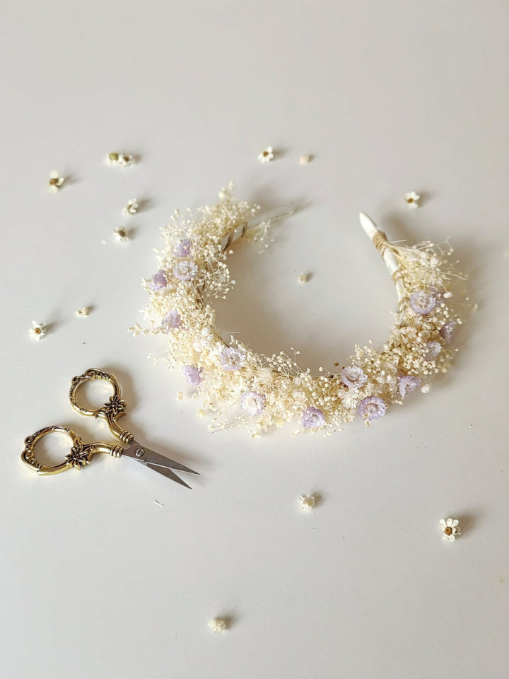 Preserved Flower Headband: Purple Cream Holy Communion Crown – handmade floral hair accessory by magaela