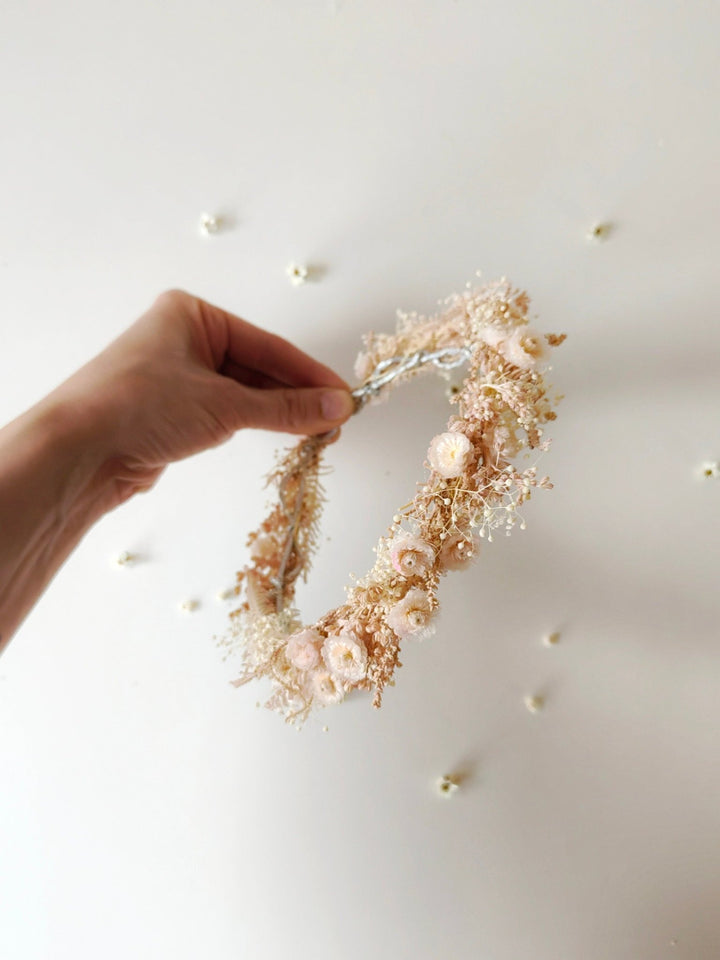 Pale Pink Flower Wreath: Preserved Floral Headpiece, First Communion – handmade floral hair accessory by magaela