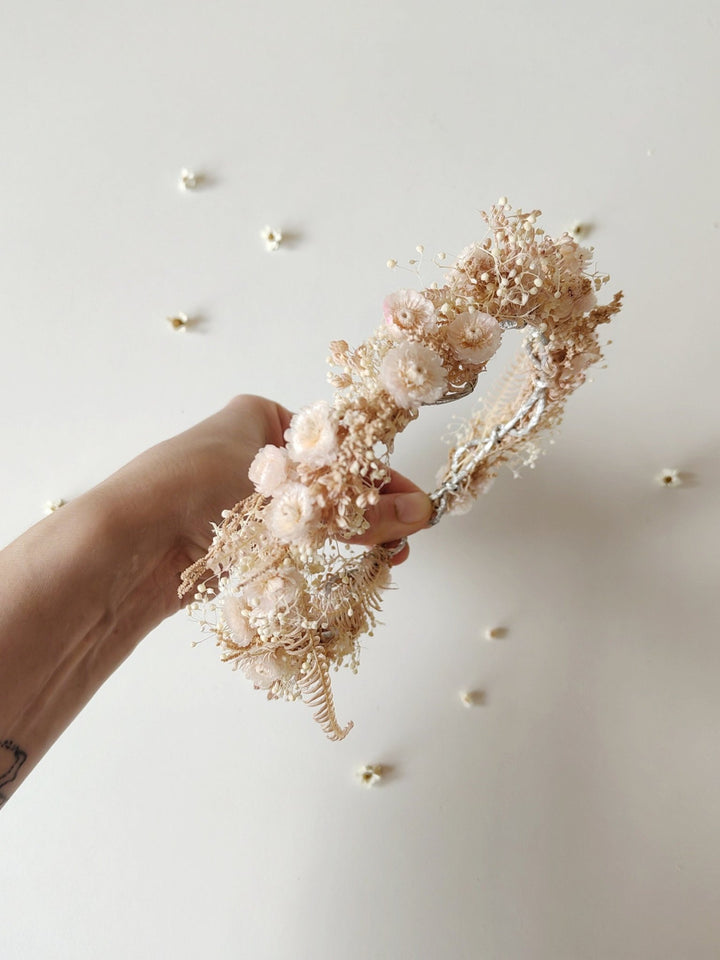Pale Pink Flower Wreath: Preserved Floral Headpiece, First Communion – handmade floral hair accessory by magaela