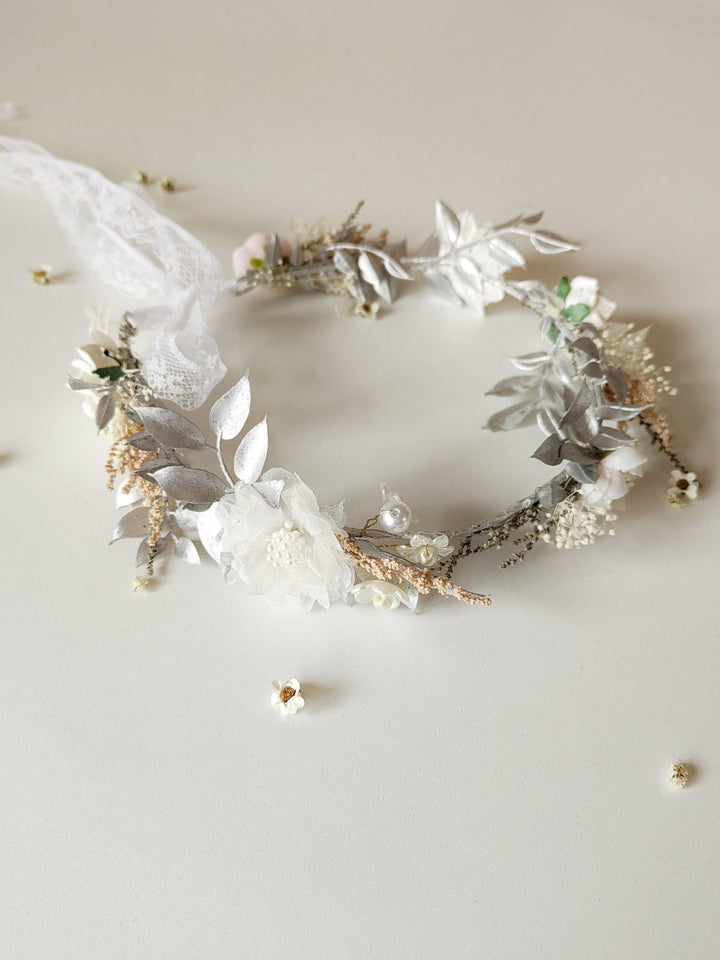 White Flower Hair Wreath: First Communion Bridal Headpiece – handmade floral hair accessory by magaela
