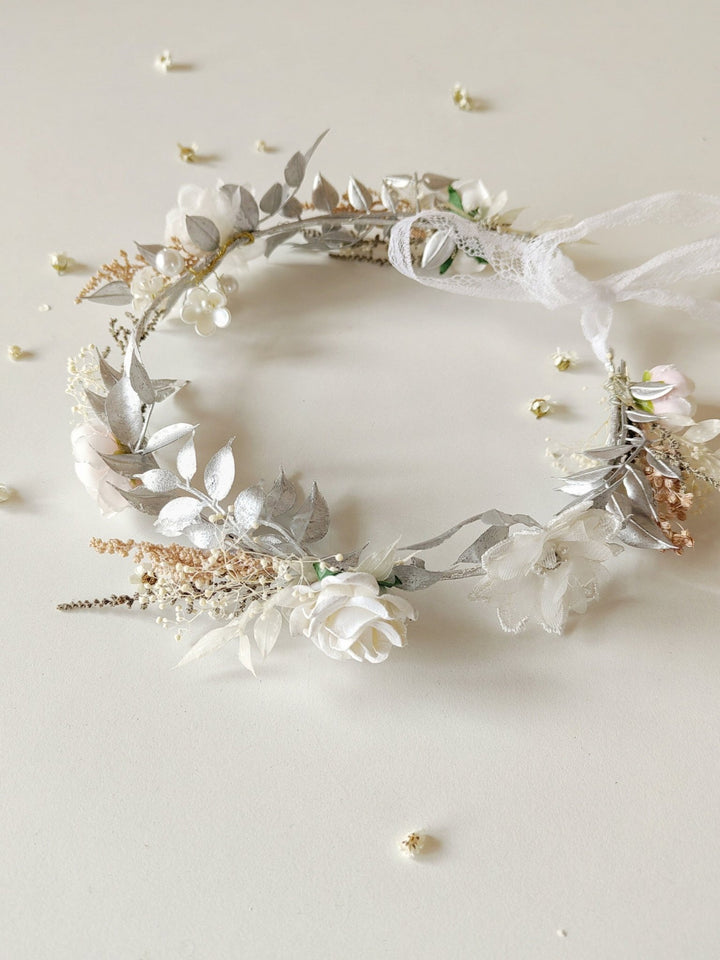 White Flower Hair Wreath: First Communion Bridal Headpiece – handmade floral hair accessory by magaela