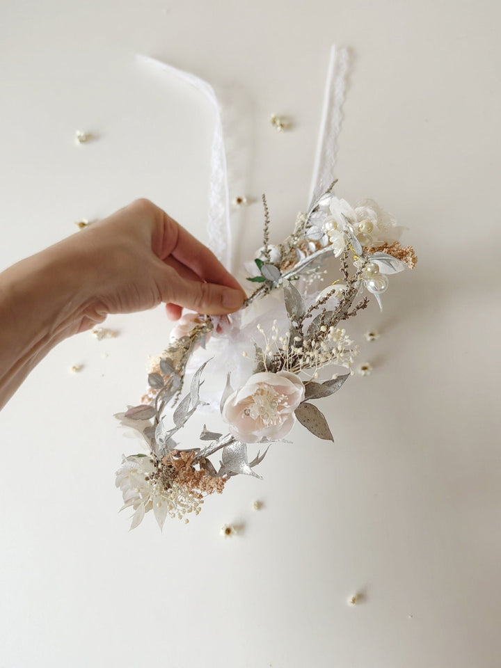 White Flower Hair Wreath: First Communion Bridal Headpiece – handmade floral hair accessory by magaela