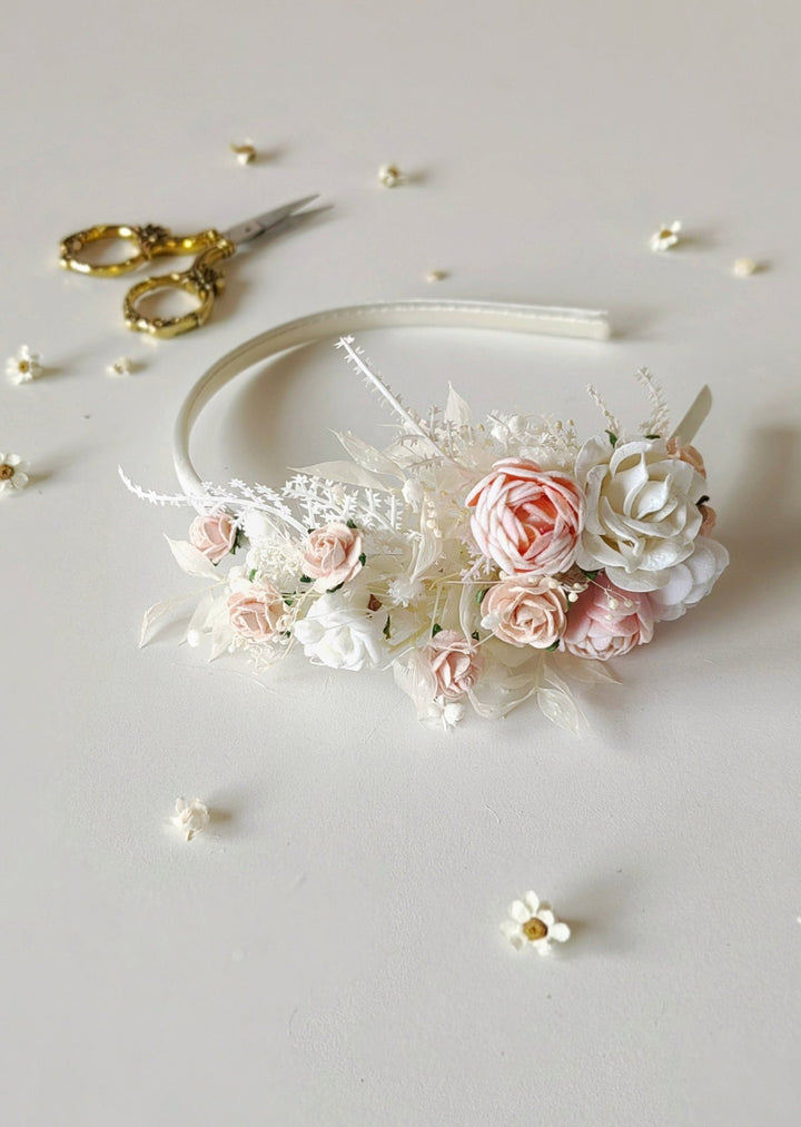 White & Pink Flower Headband: First Communion, Bridal Headpiece – handmade floral hair accessory by magaela