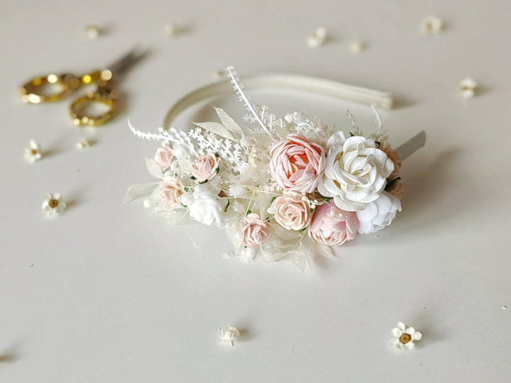 White & Pink Flower Headband: First Communion, Bridal Headpiece – handmade floral hair accessory by magaela