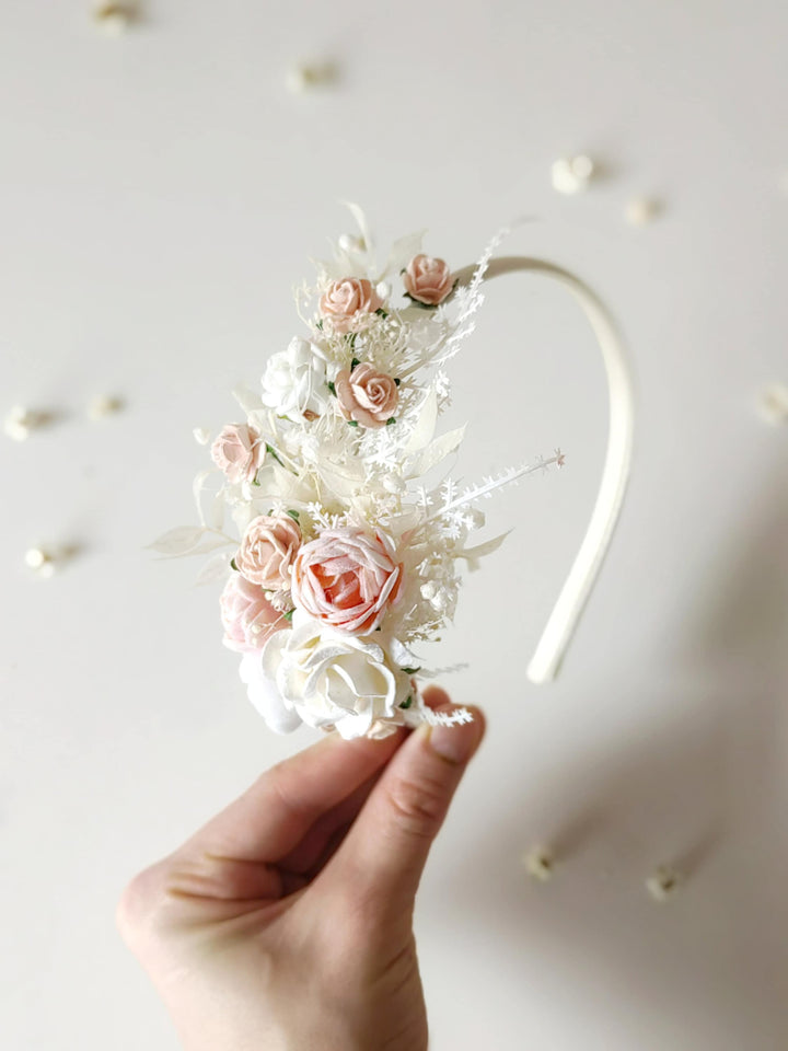 White & Pink Flower Headband: First Communion, Bridal Headpiece – handmade floral hair accessory by magaela