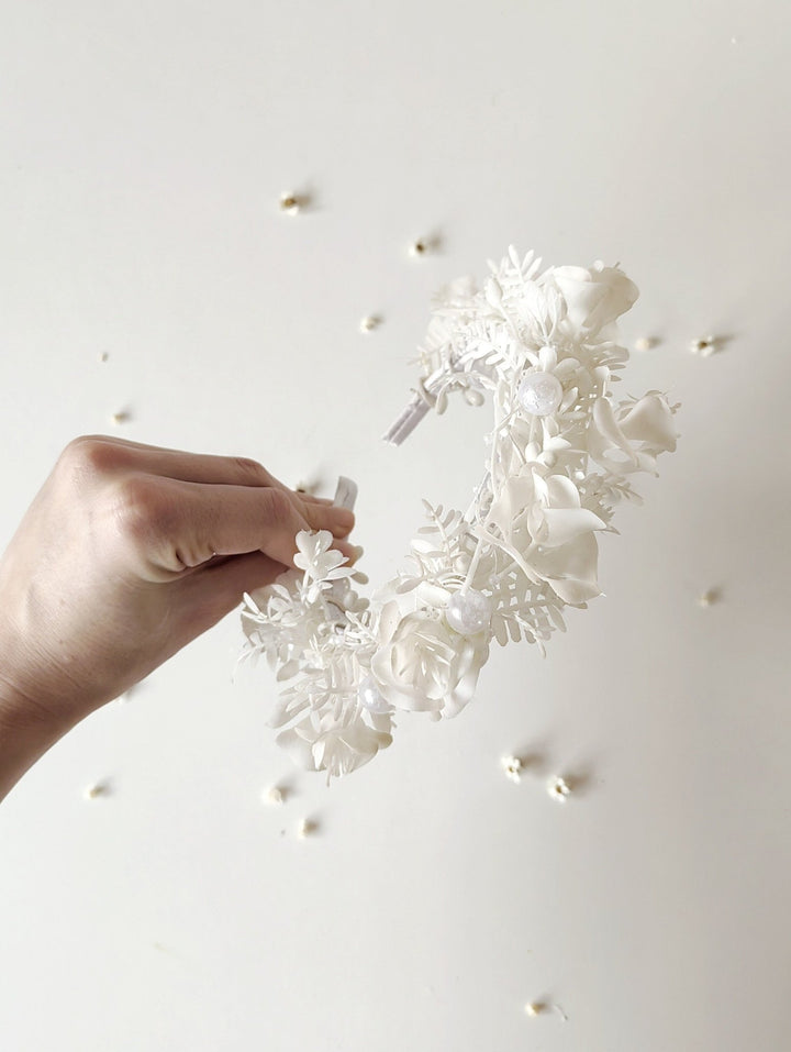 White Flower Crown Headband: First Communion, Bridesmaid Headpiece – handmade floral hair accessory by magaela